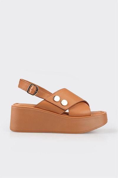Elle Shoes Ταν Δερμάτινα Γυναικεία Σφηνοτάκουνα Σανδάλια
