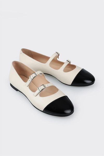 Elle Shoes Ecru Leather Women's Ballerinas