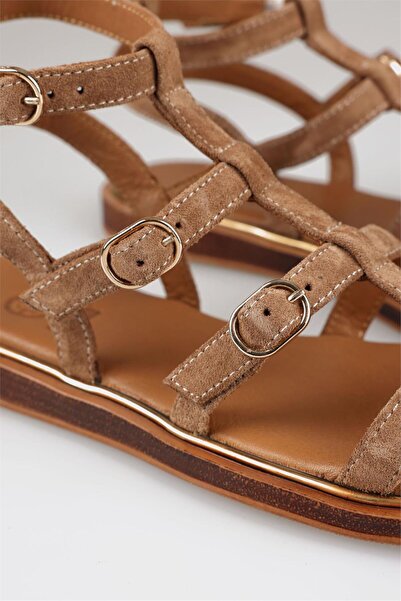 Elle Shoes Tan Leather Women's Flat Sandals