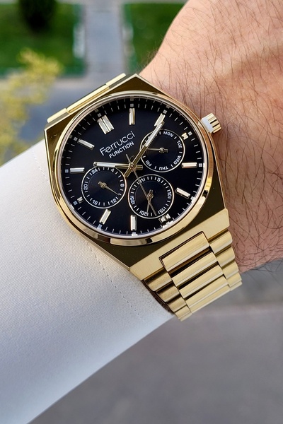 Ferrucci Kadranı Siyah Kordonu Gold Renk İç Göstergeleri Aktif Erkek Kol Saati
