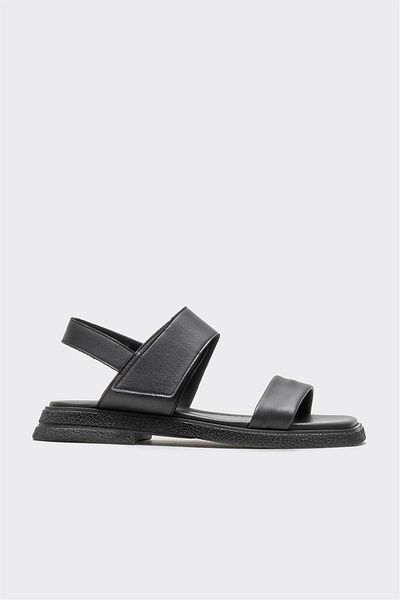 Elle Shoes Black Leather Women's Flat Sandals