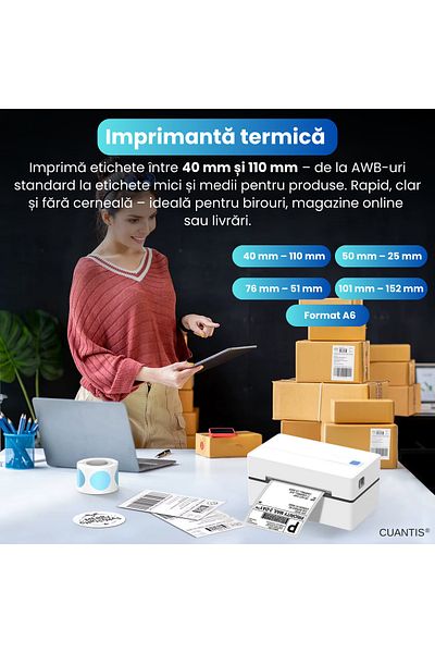 1 Imprimanta termica etichete 4x6, CUANTIS, Bluetooth & USB, 203 DPI, 150 mm/s, A6 AWB