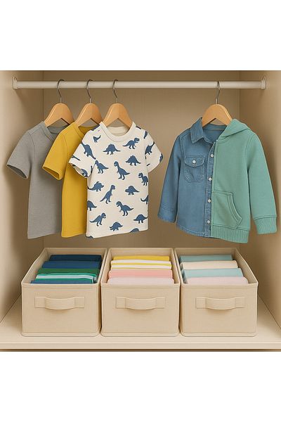 ON-ARS TEKSTİL Beige Closet Organizer Wardrobe Organizer Foldable Clothing Storage Box Organizer 45X25X20
