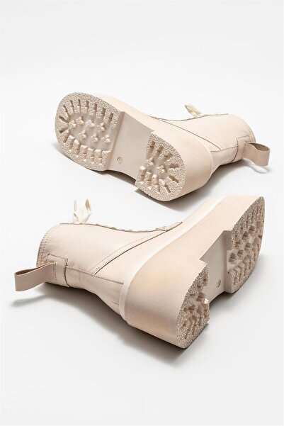 Elle Shoes Bej Deri Kadın Topuklu Bot