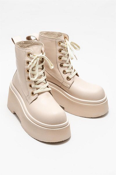 Elle Shoes Beige Leather Women's Heeled Boots