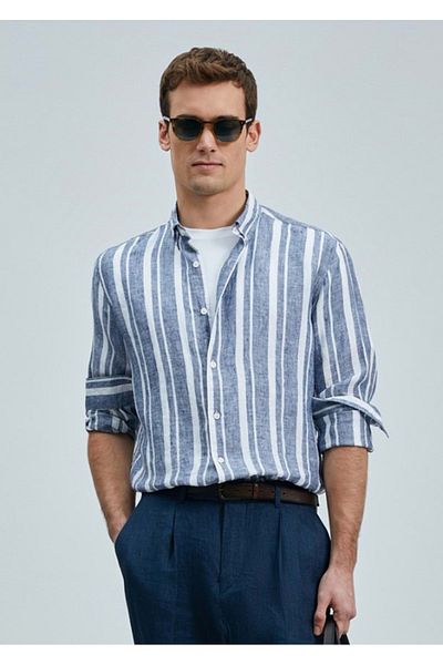 Lufian 111010640 Ανδρικό λινό πουκάμισο Conroy Regular Fit Ανδρικό πουκάμισο Navy Blue