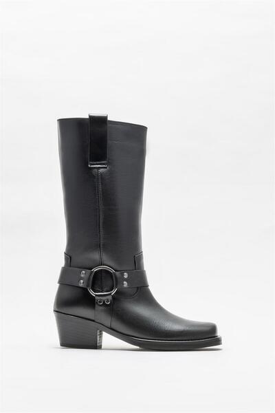 Elle Shoes Siyah Deri Kadın Düz Çizme