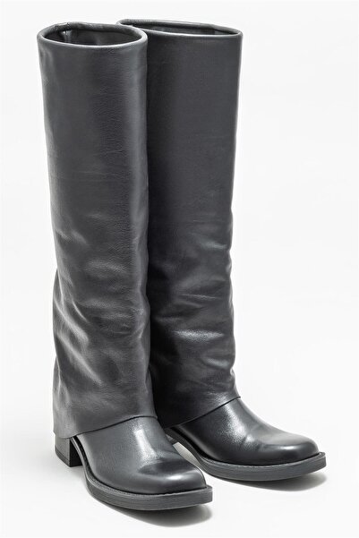 Elle Shoes Μαύρα δερμάτινα γυναικεία μποτάκια με τακούνι