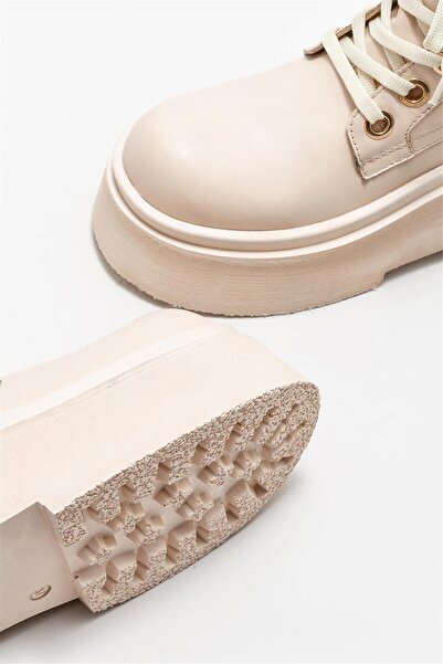 Elle Shoes Bej Deri Kadın Topuklu Bot