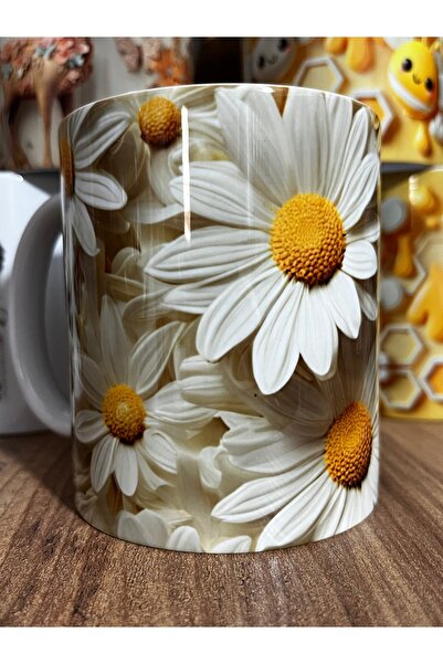 thekam Papatyalı Kupa Bardak - 3d Efektli Papatya Baskılı Kupa Bardak