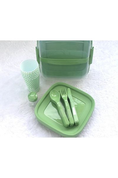 Titiz Plastik 32 Piece Portable Green Picnic Set Cup, Plate, Fork, Knife, Spoon, Storage Container Meticulous Pls