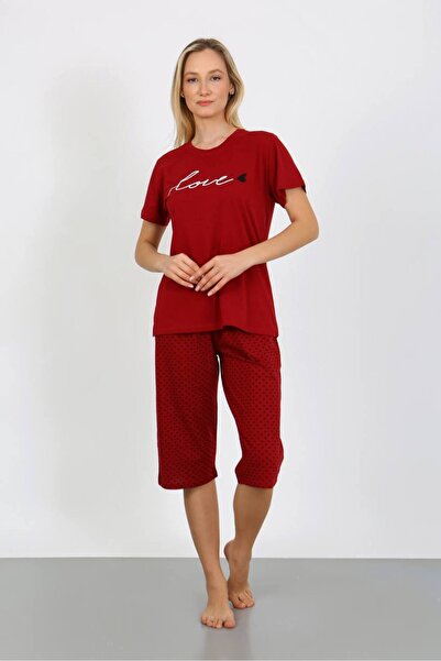 shopshop Women's Burgundy 100% Cotton Love Printed Summer Short Sleeve Pocket Capri Bermuda Pajama Set