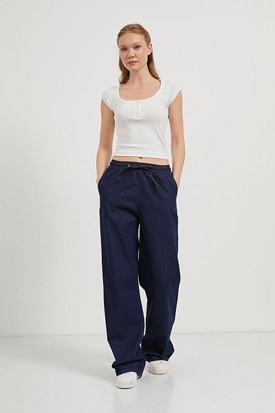 Arma Life Pantaloni largi din denim bleumarin cu talie elastică pentru femei