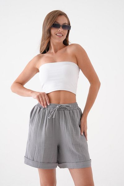 Butik Women's 100% Cotton Gray Muslin Shorts with Elastic Waist and Double Pockets Mg2025