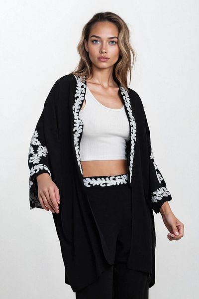 VAGGON Kimono brodat și pantaloni kimono cu talie elastică Set de sus și de jos de mărime mare