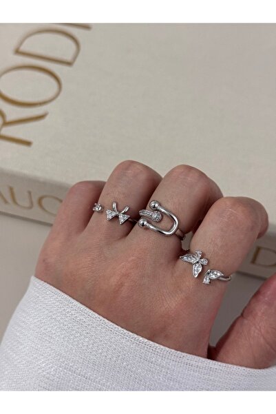 LEROSY CO. طقم خواتم ثلاثية قابلة للتعديل باللون الفضي - فيونكة وتصميم حديث