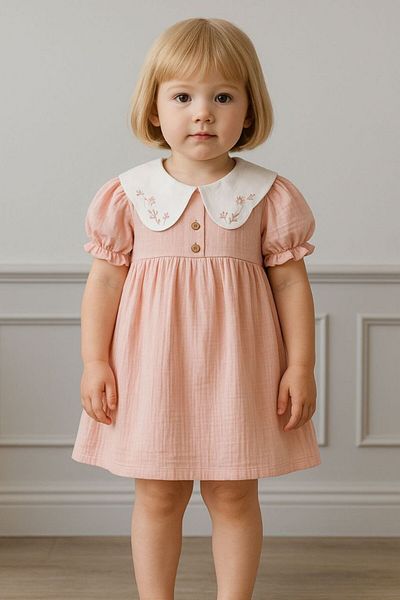 Baby Soft Textured 100% Muslin Baby Girl Dress with Baby Collar