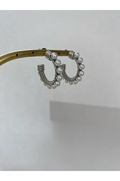 stainless steell Halka Mini İncili Çelik Silver Küpe