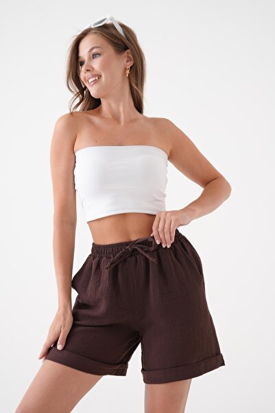 Butik Γυναικείο σορτς μουσελίνας από 100% βαμβάκι Bitter Brown με ελαστική μέ...