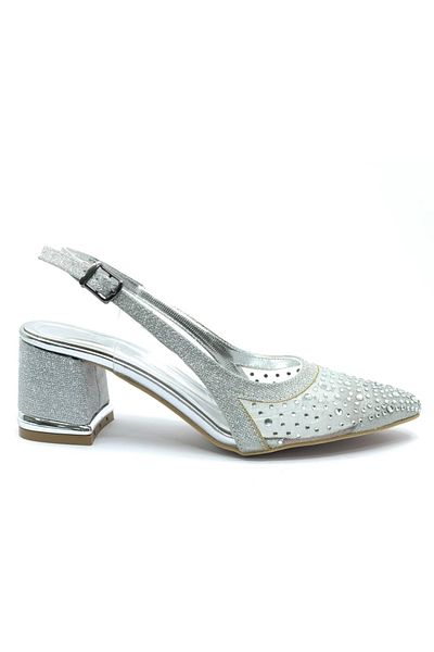 Kocamanlar Ayakkabı Feles Open Back Transparent Stone Detailed Cinderella Women's Short Heeled Shoes Silver