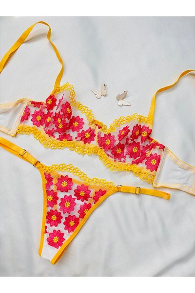 İNKO İÇ GİYİM Set sutien economic cu sârmă florală fără capac din tul (SUTEN TANGA)