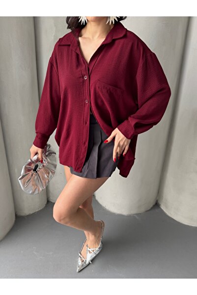Paw Garage Γυναικείο πουκάμισο Perla Burgundy με μία τσέπη oversized , Πουκάμισο με φαρδιά εφαρμογή, πουκάμισο Ayrobin
