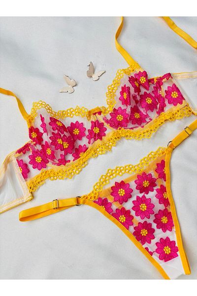 İNKO İÇ GİYİM Set sutien economic cu sârmă florală fără capac din tul (SUTEN TANGA)