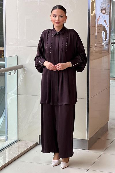 Ghisa Stone Embroidered Hidden Button Shirt Pants Suit