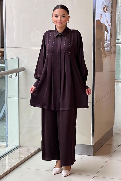 Ghisa Stone Embroidered Hidden Button Shirt Pants Suit