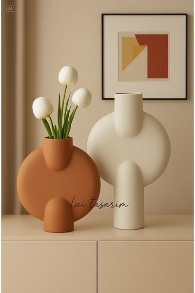 Lui Tasarım Cream and Cream-Colored Ceramic 2-Piece Vase Nordic Japanese Style Trend Decoration