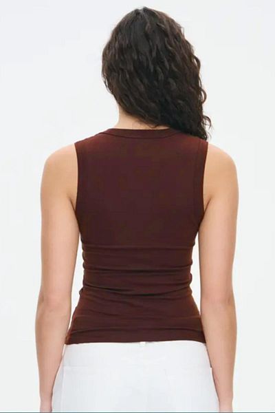 Madmext Brown V-Neck Ribbed Women's Tank Top Mg2292