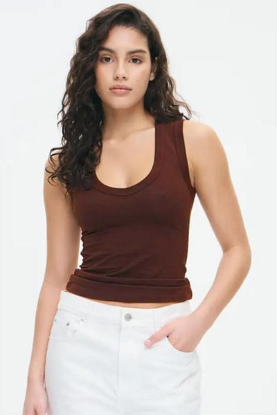 Madmext Brown V-Neck Ribbed Women's Tank Top Mg2292