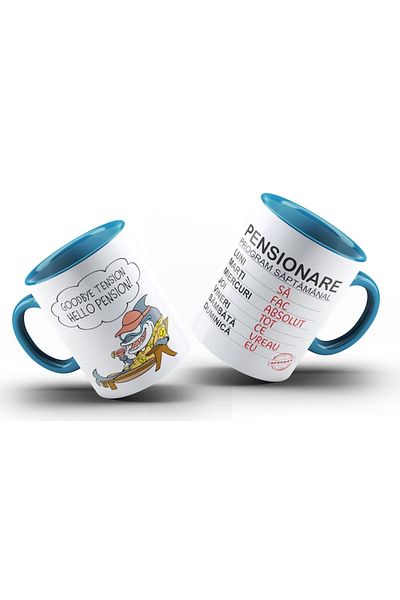 OEM Cana PENSIONARE interior si toarta albastra, ceramica, 330ml