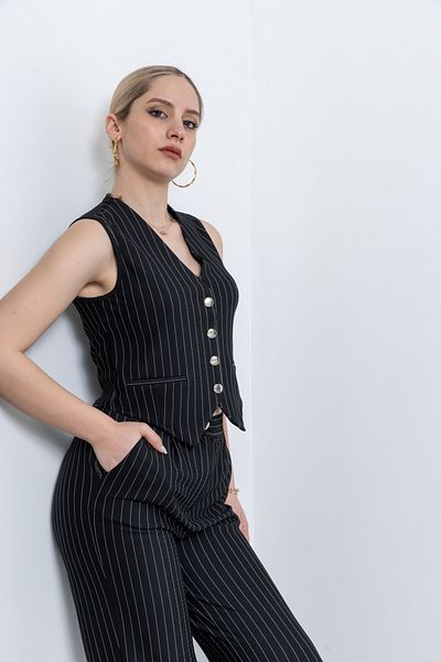 TUĞBA ERGÜL Women's Vest Pants Double Set - Striped Black