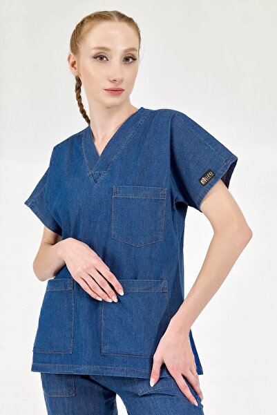 ÇİZGİ MEDİKAL Denim Blue Medijean Single Top Doctor Nurse Scrubs Jersey (țesătură denim autentică)