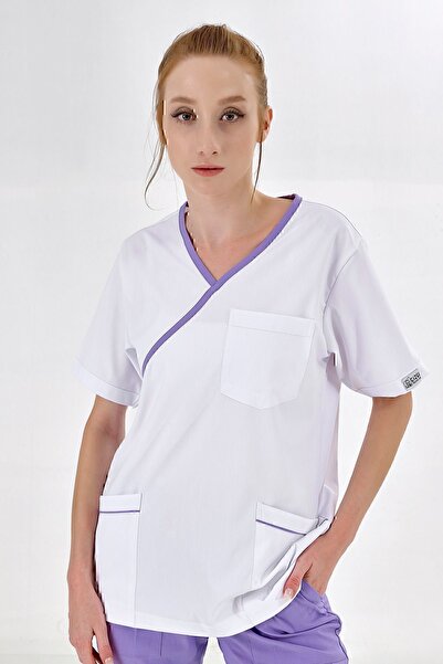 ÇİZGİ MEDİKAL Lila Kruvaze Yaka Tek Üst -Yüksek Kaliteli Lüks Likra Kumaş Dok...