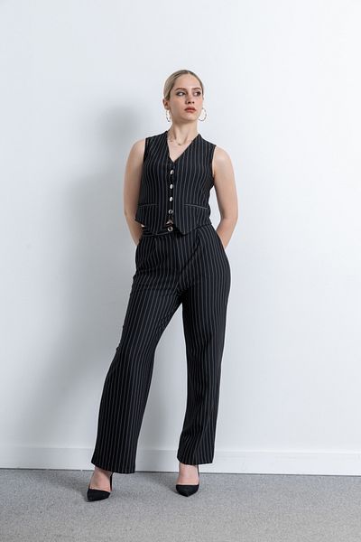 TUĞBA ERGÜL Women's Vest Pants Double Set - Striped Black