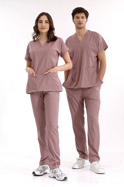 ÇİZGİ MEDİKAL Dusty Rose Luxury Lycra Greys Partea de jos Set de top Uniforma pentru Scrubs Doctor Nurse