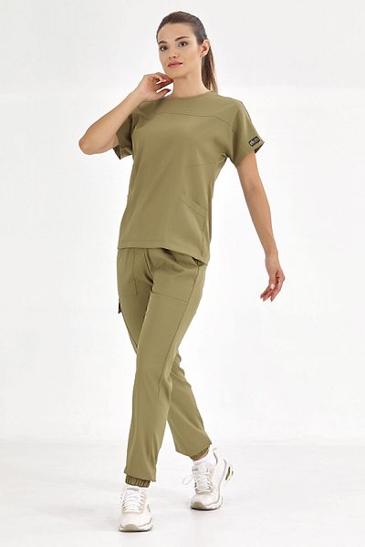 ÇİZGİ MEDİKAL Tricou kaki de bază de lux Lycra Scrubs Team Doctor Nurse