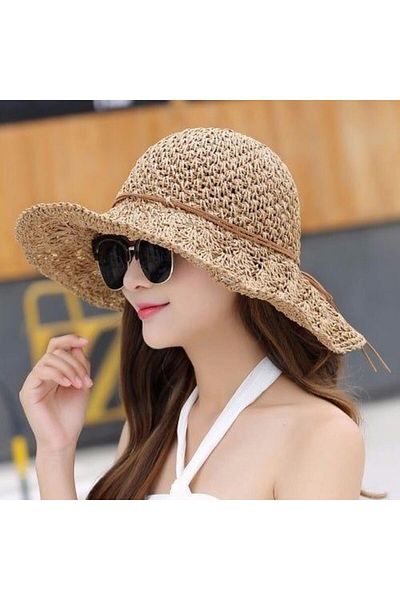 Axesoire 14633 Camel Large Straw Hat - Hand Knitted Lace and Rope Detail
