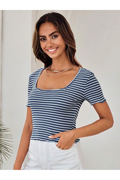 Mood Lab Kadın U Yaka Fitilli Kısa Kollu Crop Tişört