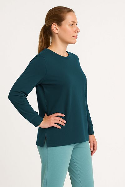 Cottonland Tricou din bumbac albastru petrol pentru femei - mânecă lungă, decolteu subțire