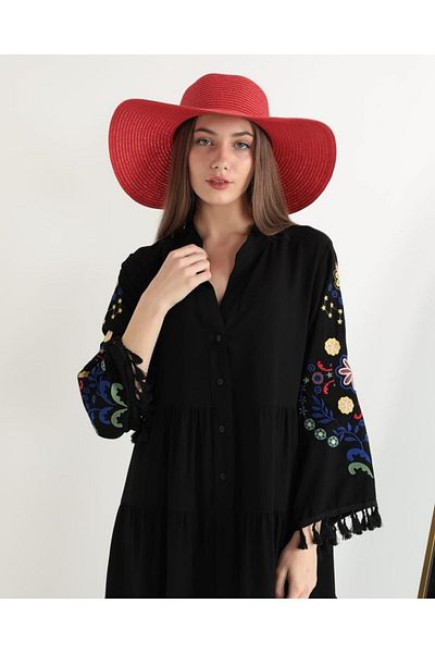 EL jadida Women's Embroidered Tassel Plus Size Viscose Short Dress Black
