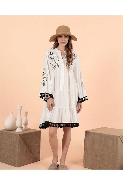 EL jadida Women's Embroidered Tassel Plus Size Viscose Short Dress Saks