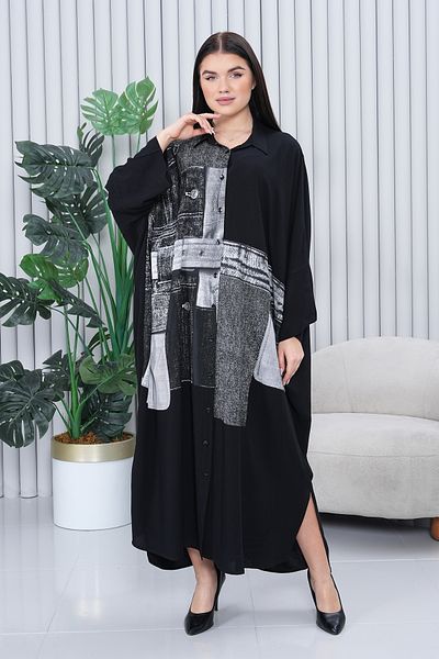 EL jadida Women's Denim Printed Plus Size Viscose Long Dress Black