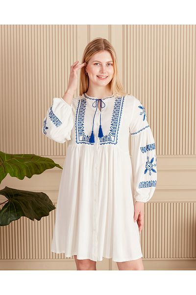 EL jadida Women's Embroidered Tassel Plus Size Viscose Short Dress White