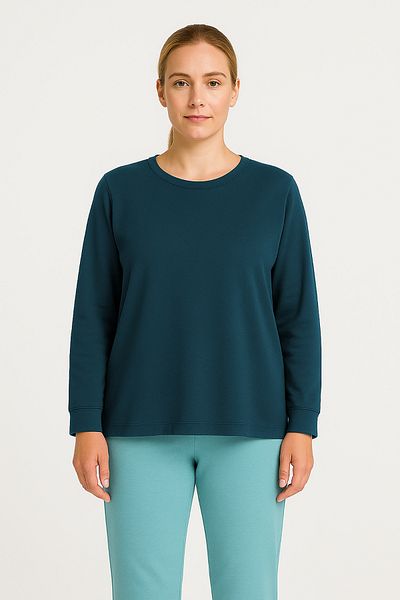 Cottonland Tricou din bumbac albastru petrol pentru femei - mânecă lungă, decolteu subțire