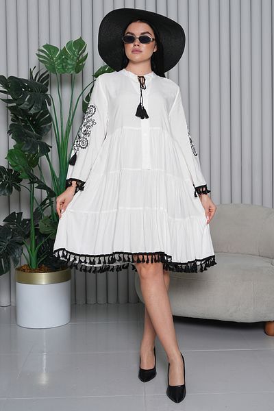 EL jadida Women's Embroidered Tassel Plus Size Viscose Short Dress White