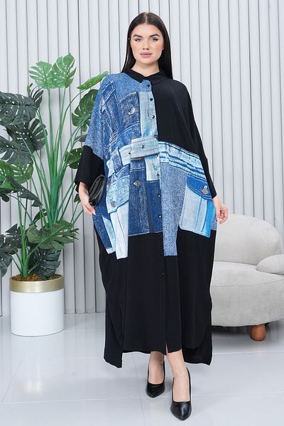 EL jadida Women's Denim Printed Plus Size Viscose Long Dress Black Blue
