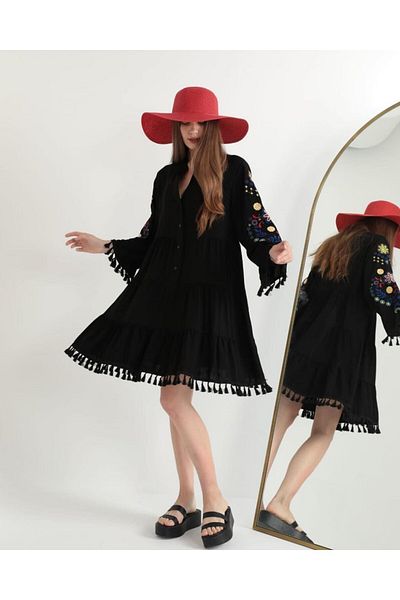 EL jadida Women's Embroidered Tassel Plus Size Viscose Short Dress Black